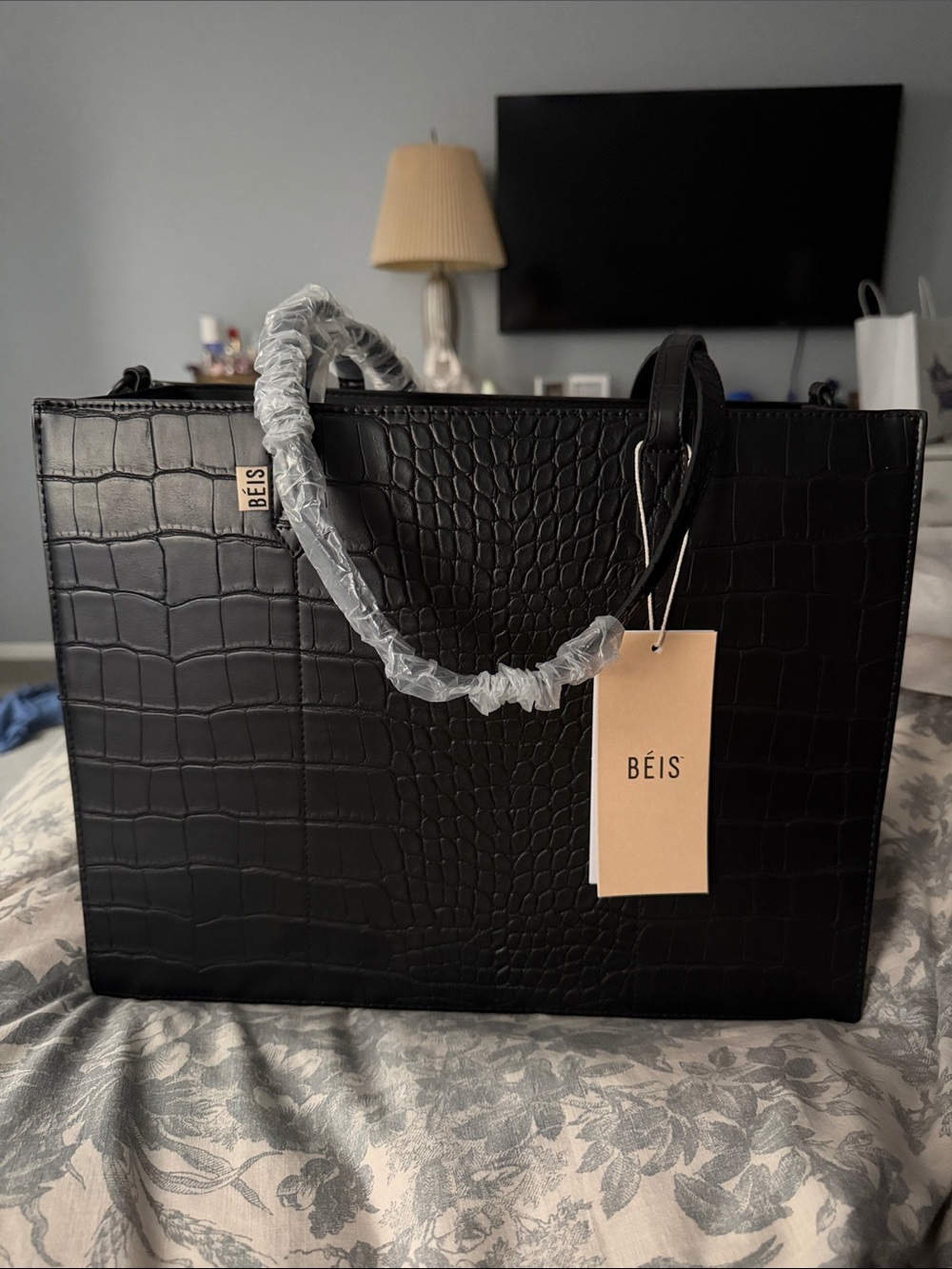 NWT BEIS the work tote Black Croc-Embossed Tote Bag